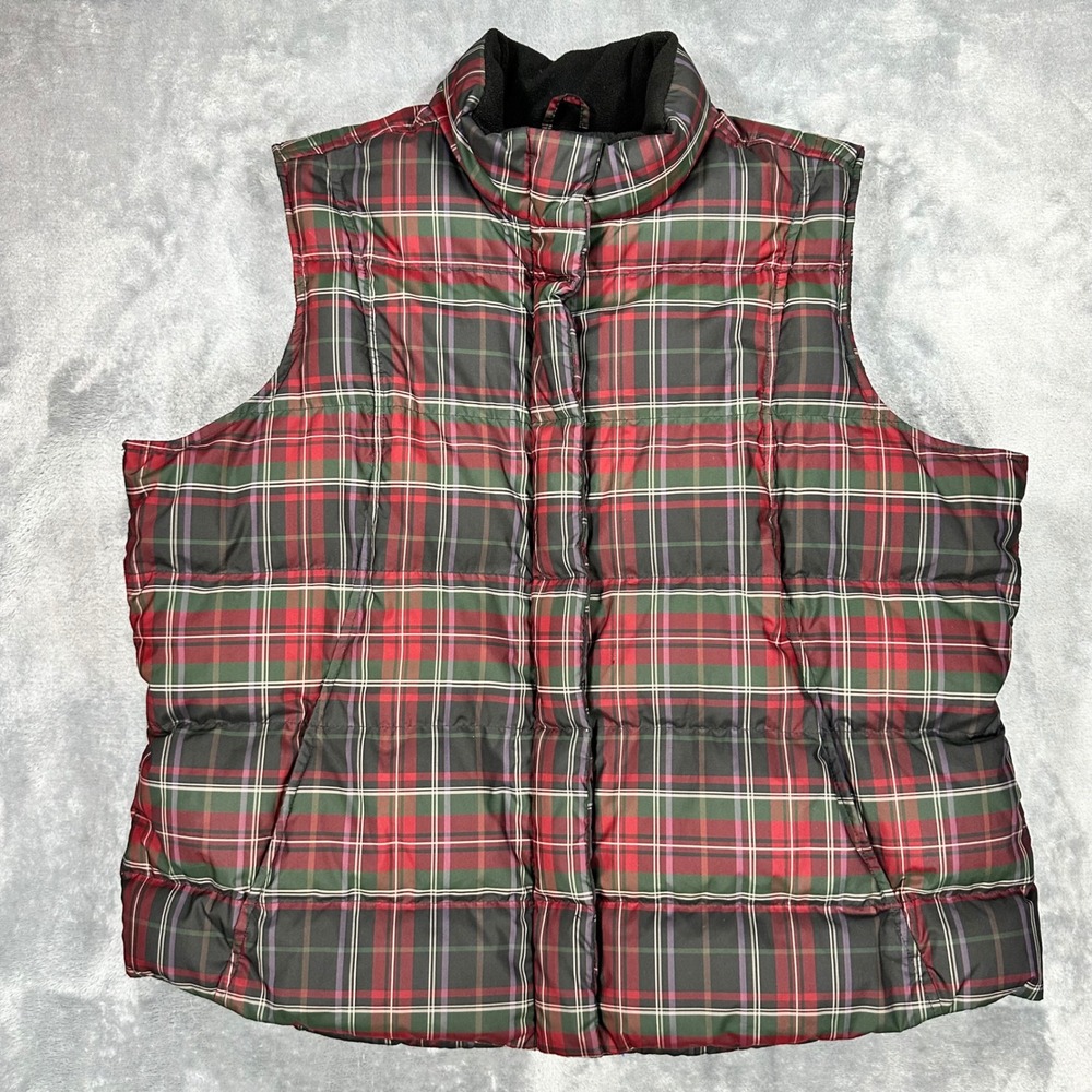 Eddie Bauer Goose Down Puffer Vest XXL Red Green Plaid Quilted Full Zip 24612344
